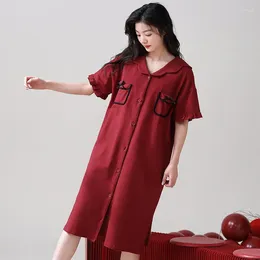 Women's Sleepwear 2024 Summer Pure Cotton Nightdress Lapel Nightgown Loose Home Clothes Short-sleeved Red Wedding Pajamas