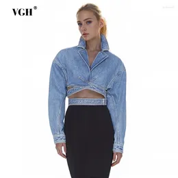 Women's Jackets VGH Minimalist Solid Patchwork Belt Casual Denim For Women Lapel Long Sleeve Backless Tuinc Slimming Coats Female