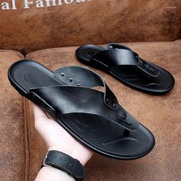 Slippers Italian Leather For Men 2024 El Beach Summer Shoes High Quality Comfortable Slip On Light Flats Male Flip Flops