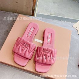 High Version Miao Mm Pleated Flat Bottomed One Line Sandals for Womens Summer Casual Wear Beach Vacation