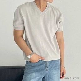 Men's T-Shirts Streetwear Men Clothing Fashion V Neck T Shirts Knitted Short-sleeved Mens T-shirt Knitwear Summer Casual Solid Colour Knit Tops