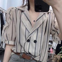 Women's Blouses Luxury Suit Collar Striped Shirts Summer Women Clothing Short Sleeve Buttons Cardigan Tops Korean Fashion Blouse