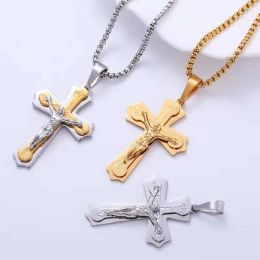 Necklaces Pendant Necklaces Religious Jesus Cross Necklace Pendant For Men Golden Color 14k Yellow Gold Crucifix Necklaces Male Christian Je