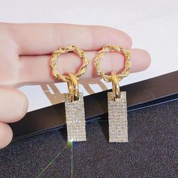 Stud Earrings Full Of Crystal Rectangle Drop For Women Party Geometry Jewelry Golden Color Metal Twist Round Circle Dangle