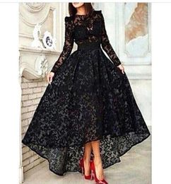 2019 New Arrival Black Lace Prom Dress High Low Long Sleeves Special Occasion Dress Formal Evening Party Dress6464251