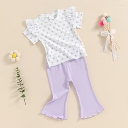 Clothing Sets Blotona Toddler Baby Girl Bell Bottoms Outfit Ruffle Short Sleeve Polka Dot Tops Solid Color Flared Pants Set Knit Clothes