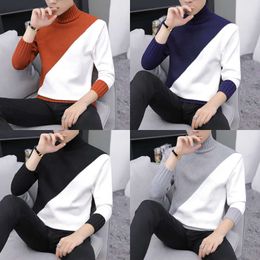 Mens Casual Warm Half Turtleneck Sweater Knitted Patchwork Sweaters Men Korean Fashion Pullover Asian Size s