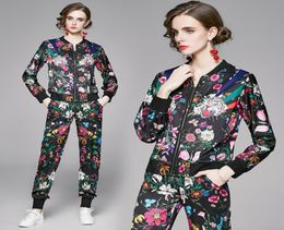 Drop Spring Fall Runway Two Pieces 2pcs Womens Ladies Casual Sets Vintage Floral Print Zippered Top Jacket Coat Pants Trac5777484