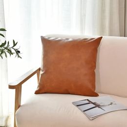 Faux Leather Throw Pillow Covers, Luxury Brown Modern Pillowcases Solid Decorative Square Cushion Cases for Bedroom Living Room Couch Bed Sofa