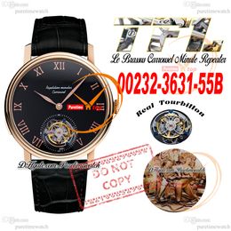 Le Brassus Carrousel Tourbillon Automatic Mens Watch Repetition Minutes TFL 0232-3631-55B Rose Gold Black Roman Dial Leather Strap Super Edition Reloj Puretime