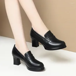 Dress Shoes Fashion Comfortable Black Soft Leather Deep Mouth Spring 2024 Block Heels Women For Office Mom Model Versatile