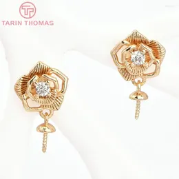 Stud Earrings (7884) 4PCS 9.5x16MM 24K Gold Colour Brass With Zircon Flower High Quality Diy Jewellery Findings