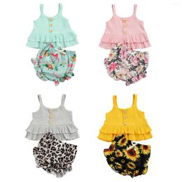 Clothing Sets FOCUSNORM 4 Colours Summer Kids Girls Clothes 2pcs Solid Sleeveless Single Breasted Vest Flowers/Leopard Shorts