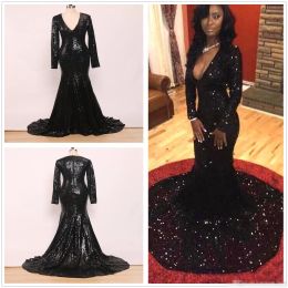 2024 Black Sexy Deep V Neck Prom Dresses Long Sleeves Sparkly Sequins Sweep Train Formal Occasion Wear Party Ball Gowns