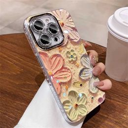 Cell Phone Cases Retro INS Glitter Lens Film Diamond Oil Painting Floral Phone Case For phone 15 Pro Max 14 13 12 Pro 11 Shockproof Back Cover