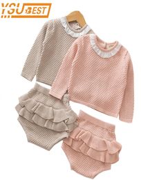 Knitted Newborn Baby Clothes Baby Girls Boys Clothing Set Sweater Shorts 2 pcs Outfits Ruffle Spring Winter Toddler Baby Set Y184481606