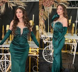 Hunter Green Dubai Arabic Evening Dresses Sparkly Crystals Beaded Sweetheart Prom Party Gowns Ruched Satin Mermaid Women Special Occasion Formal Vestidos CL3499