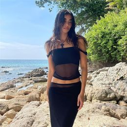 Women's T Shirts Shoulder Mesh Crop Top T-shirt Fashion Suspenders Off-Shoulder Voile For Women