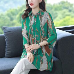 Women's Blouses Spring Autumn Chiffon Tops Ladies Fashion Printing Shirts Turn-down Collar 3/4 Sleeve Clothing Buttons 2024