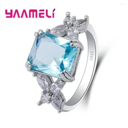 Cluster Rings Costume Jewelry For Women 925 Sterling Silver Color Wedding Ring Rectangle Sky Blue Zircon Ringen Jewellery