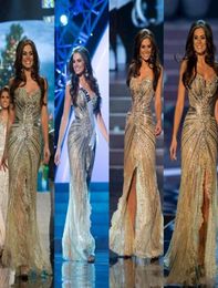 Miss Universo 2020 New Zuhair Murad Arabic Evening Gowns Mermaid Gold side slit Crystal Beaded Lace Tulle Prom Celebrity Dresses V8792138