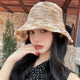 Wide Brim Hats Korean Summer Seaside Gradual Change Colour Hollow Woven Straw Hat Women's Beach Breathable Eaves Foldable Fashion Bucket Cap