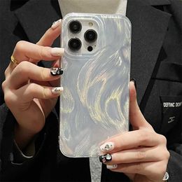 Cell Phone Cases Korean Luxury Glitter Gradient Silver Feather Yarn Phone Case For phone 15 14 13 12 11 Pro Max 15 14 Plus Lens Protective Cover