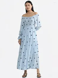 Casual Dresses 2024 Women's Autumn Maxi Dress Slash Neck Long Sleeve Cotton Boho A-line High Waist Chic Ankle Length Embroidery