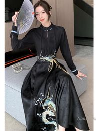 Work Dresses Chinese Knot Button Shirt Matching Horse-Face Skirt Suit Women's Spring Winter Adult Daily Improved Hanfu Outfit 2 Piece Set