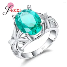 Cluster Rings Retro Design Women Green Crystal Party 925 Sterling Silver Jewellery Wedding Bands Style Vintage For Female