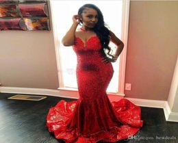 African Sparkly Red Sequined Mermaid Prom Dresses Long Sheer Jewel Neck Sweep Train Formal Dress Evening Gowns Black Girls robe ve4091815