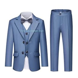 Boys Formal Blue Dress Suit Set Children Wedding Birthday Party Pography Costume Kids Blazer Vest Pants Bowtie Outfit 240401