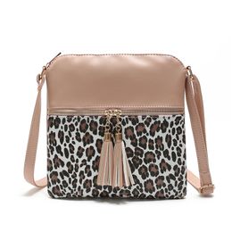 Contrast Leopard Print Tassel Bag For Women's One Shoulder Crossbody Double Tassel Pendant Bag Zipper Wallet Phone Bag