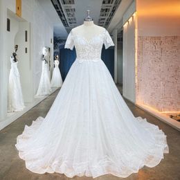 Hire Lnyer Scalloped Neck Short Sleeve Lace Up Back Beads Pearls Sequins Shiny A-Line Wedding Dresses Ofice Photos Video