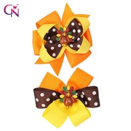 CN 6 Pcslots 35 quot Thanksgiving Hair Bows For Girls Kids Stack Dot Turkey Hair Clips Hairpins Festival Accessoriess5833152