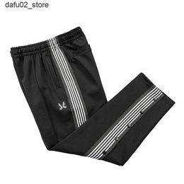 Men's Pants Needles new button design sports pants butterfly embroidered black pants with woven stripes casual mens oversized Trousers Q240417