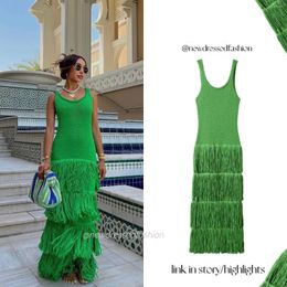 Casual Dresses Summer Tassel Knit Camisole Dress Sexy Boho Birthday For Women Green S M L