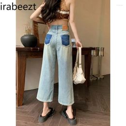 Women's Jeans Irabeezt Wide Leg Patchwork Vintage High Street Denim Pants Thin 2024 Contrast Color Straight Jean Female Clothing