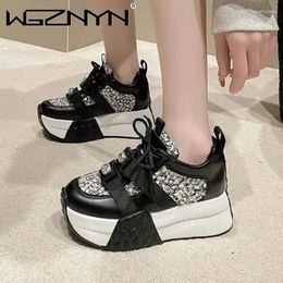 Casual Shoes 2024 Women Spring Chunky Sneakers Thick Bottom Leather Shoe High Platform Vulcanize Bling Sports Dad