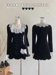Casual Dresses French Elegance Black Fairy Dress Square Collar Fashion Prom Gown Lace Patchwork 2000s Aesthetic Sweet Gothic Formal Occasion