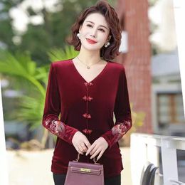 Women's T Shirts Mom's Velvet Top Long Sleeved T-Shirt Chinese Style Spring Middle-Aged And Elderly Clothing Bottom Shirt Blouse K351