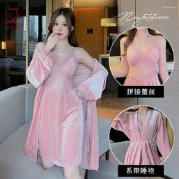 Bras Sets Golden Velvet Pajamas Sexy Long Skirt Women's Autumn And Winter Home Pure Desire Sleeping Large Hanging Strap Lace Temptat