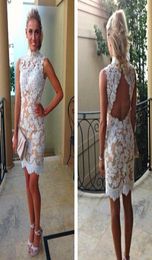 Vintage Lace Cocktail Dresses High Collar White Lace Champagne Lining Short Party Backless Appliques Gowns Summer Fall Custom Made4576274