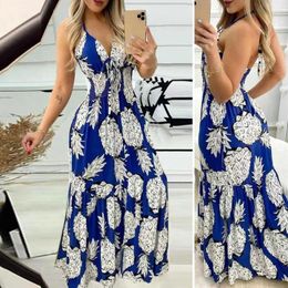 Casual Dresses Women Loose-fitting Dress Floral Print Halter Neck Maxi For Vacation Beachwear With Elastic High Waist Backless