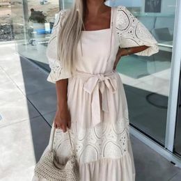 Casual Dresses Charming Women Ruffle Stitching Hem Maxi Dress Fine Sewing Gown Pure Colour Beach Daily Clothing