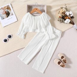 Clothing Sets Toddler Baby Girl Fall Outfit Half Sleeve Off-shoulder Lace Patchwork Shirt Belted Long Pants Casual Clothes Set