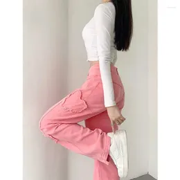 Women's Jeans Women High Waist Denim Love Patch Wide Leg Clothing Pink All-match Vintage Straight Female Trousers