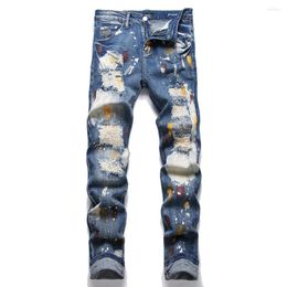 Men's Jeans Men Holes Ripped Distressed Stretch Denim Painted Slim Tapered Pants Streetwear Patchwork Blue Trousers