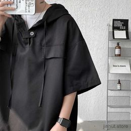 Men's T-Shirts 5 Colours Summer Hooded T shirt Men Korean Half Sleeve Pullover Streetwear Loose T-shirt Tops Drawstring Men Clothing 5XL-M