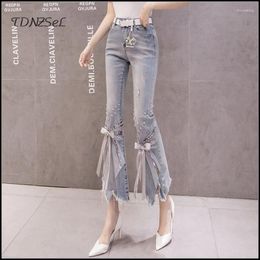 Women's Jeans Spring High Waist Flare Women Irregular Beaded Bow Denim Pants Lady Elegant Trousers Slim Stretch Frayed Bell-bottom